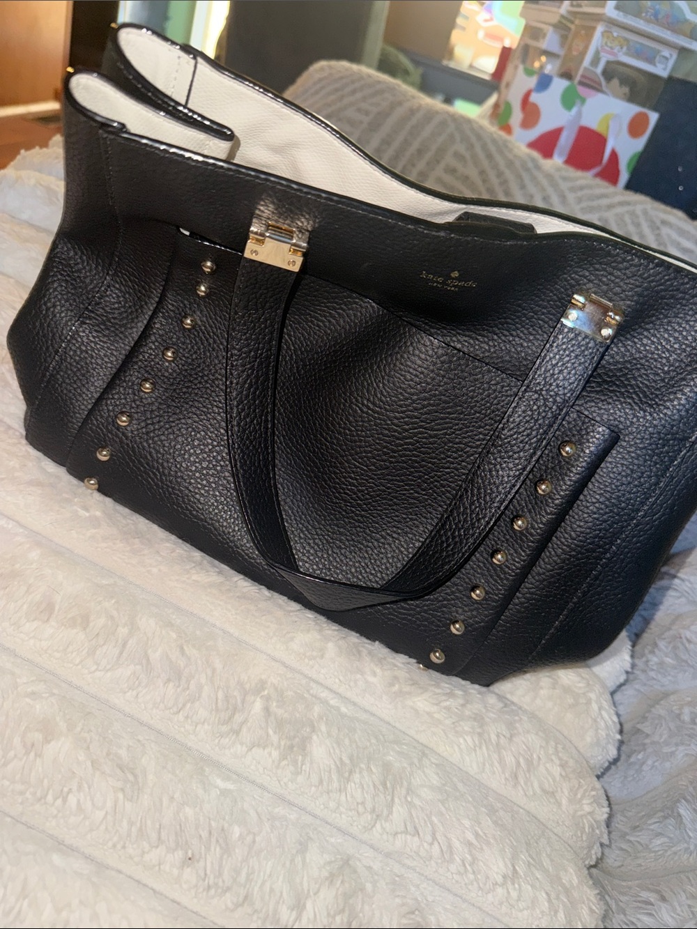 kate spade Black Pebbled Leather Tote with Gold Studs